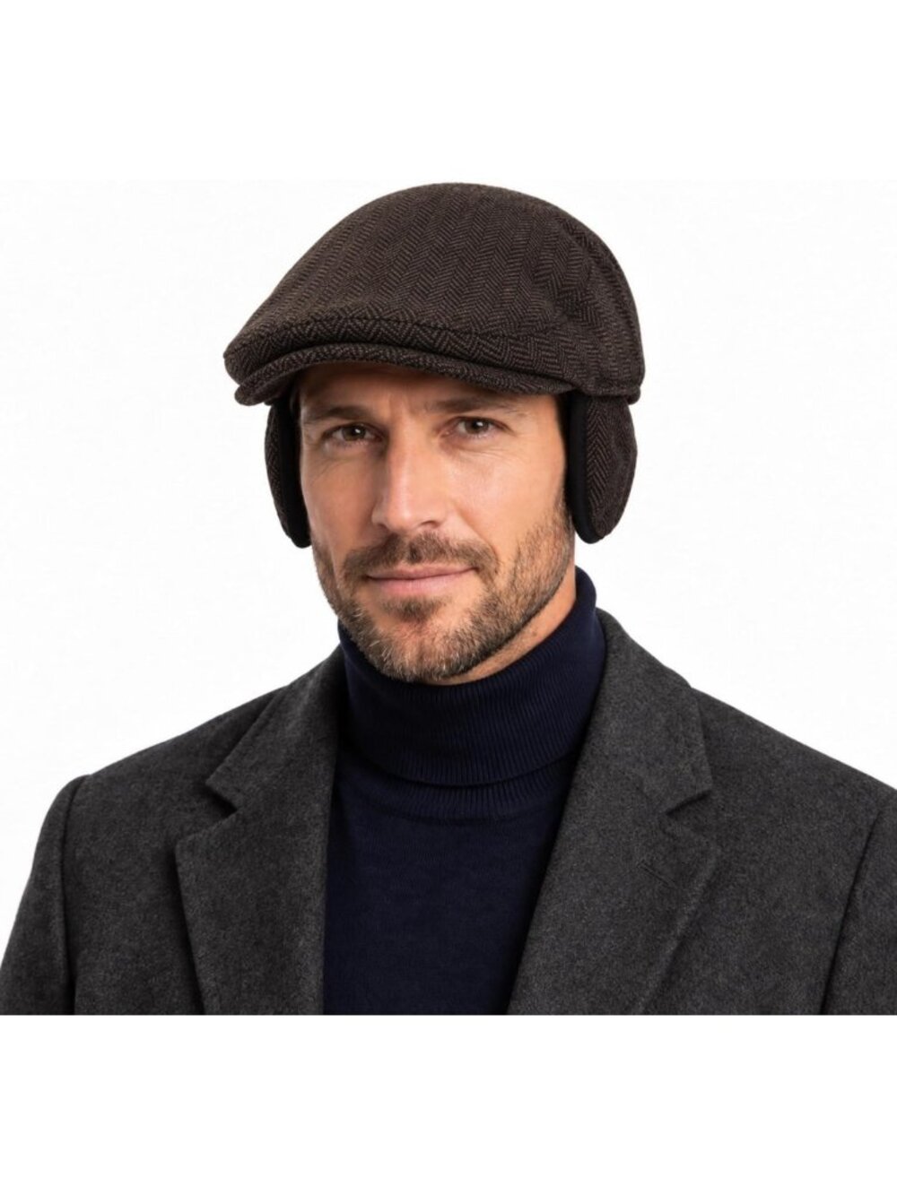 TOP-EX Men's 50% Wool Blend Flat Cap with Ear Flaps, Quilted Satin Lining